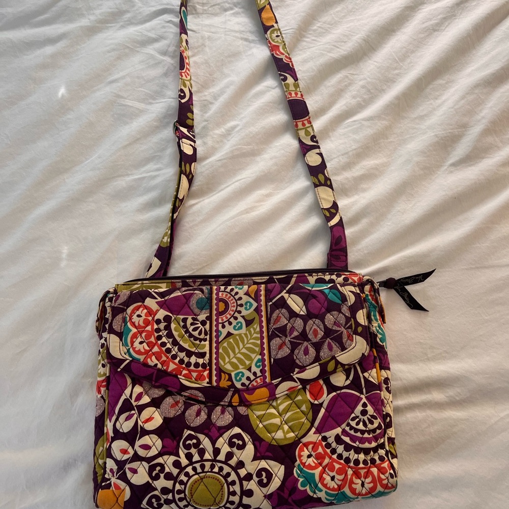 Versatile Vera Bradley colorful crossbody laptop bag Boho Purple Chartreuse.
